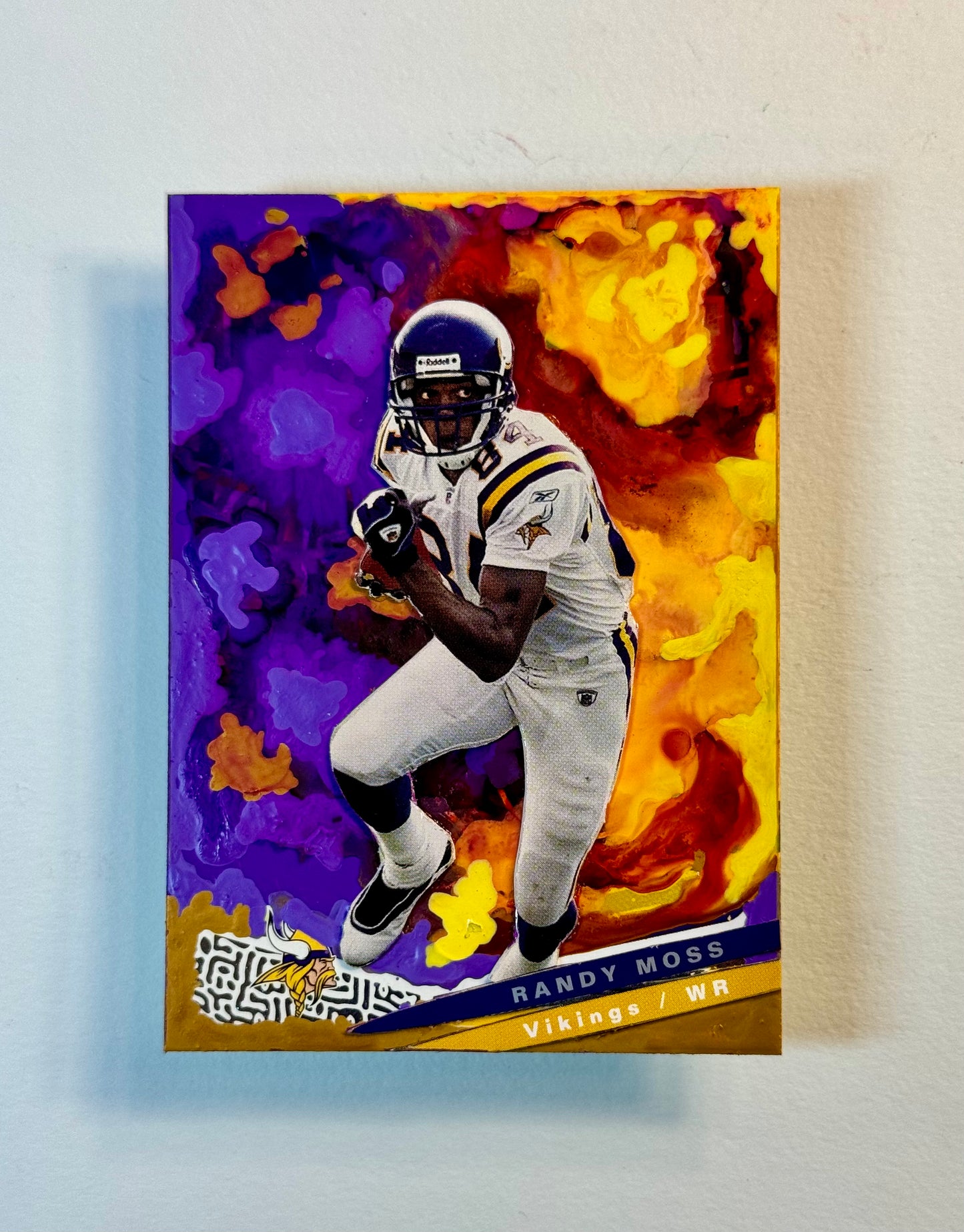 Art trading card (“Golden Hands” Randy Moss 1/1 NFL football Minnesota Vikings)